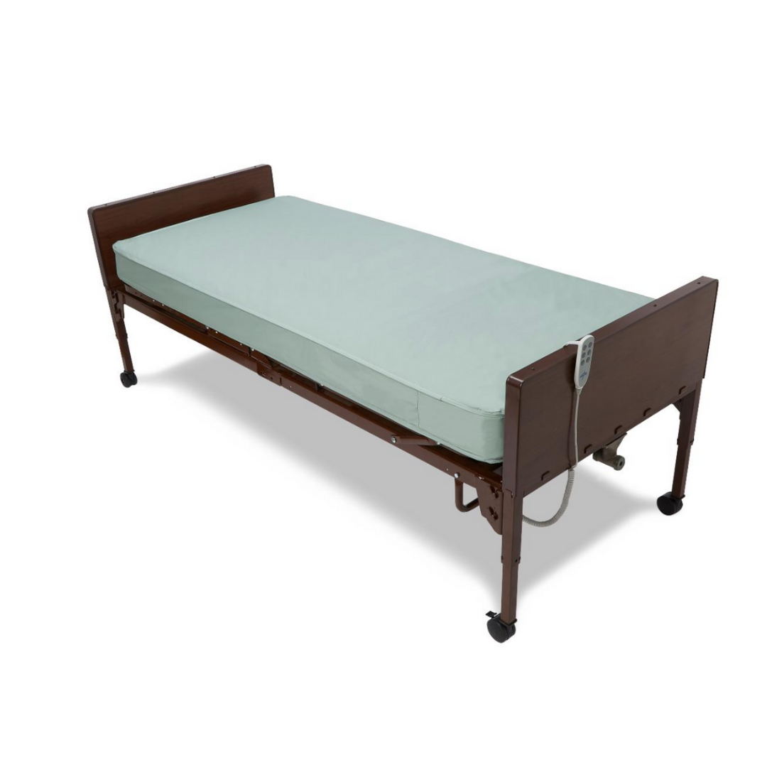 The Medline Innerspring Mattress For Homecare Beds is a hospital-style adjustable bed with a waterproof, antimicrobial pale green mattress, brown wooden headboard and footboard, side remote control, and wheeled legs for easy mobility.
